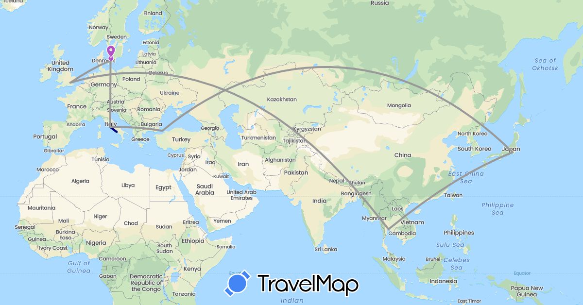 TravelMap itinerary: driving, plane, train in Denmark, United Kingdom, Italy, Japan, Sweden, Thailand, Turkey (Asia, Europe)